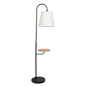 Drone Multi-Functional Black Floor Lamp with Wood Shelf and Metal Base