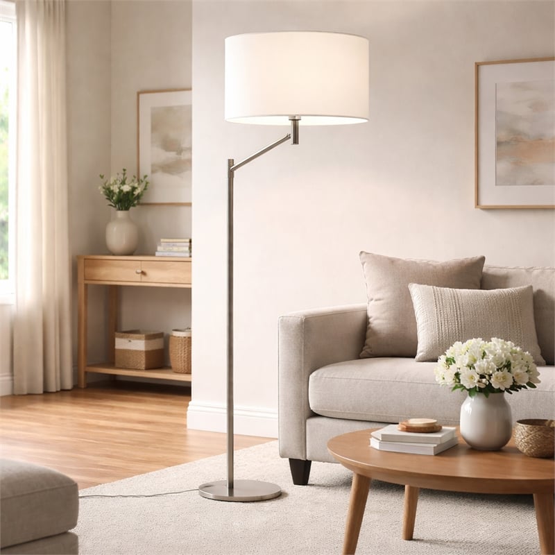 Azur Contemporary Nickel Metal Floor Lamp with White Drum Shade