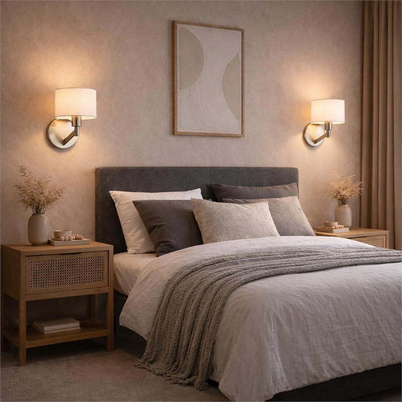 Lepit Contemporary Nickel Metal Finish Wall Lamp with White Drum Shade