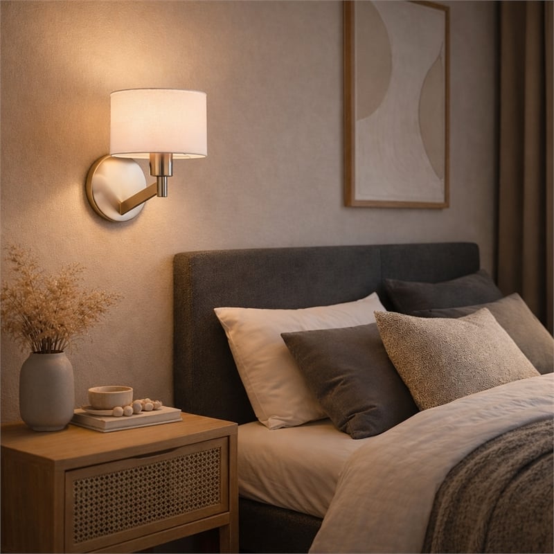 Lepit Contemporary Nickel Metal Finish Wall Lamp with White Drum Shade