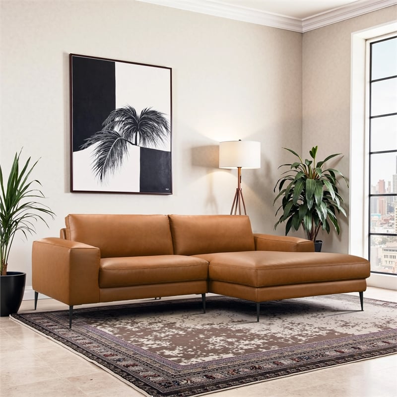 Bartow Mid Century Modern Vegan Leather Wide-Arm Sofa & Chaise in Cognac Tan