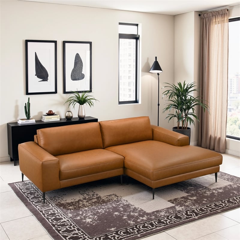 Bartow Mid Century Modern Vegan Leather Wide-Arm Sofa & Chaise in Cognac Tan