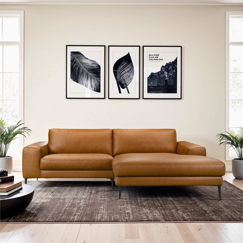 Bartow Mid Century Modern Vegan Leather Wide-Arm Sofa & Chaise in Cognac Tan