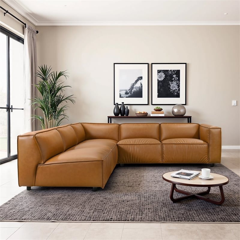 Minden Mid Century Modern Vegan Leather L-Shaped Corner Sofa in Cognac Tan