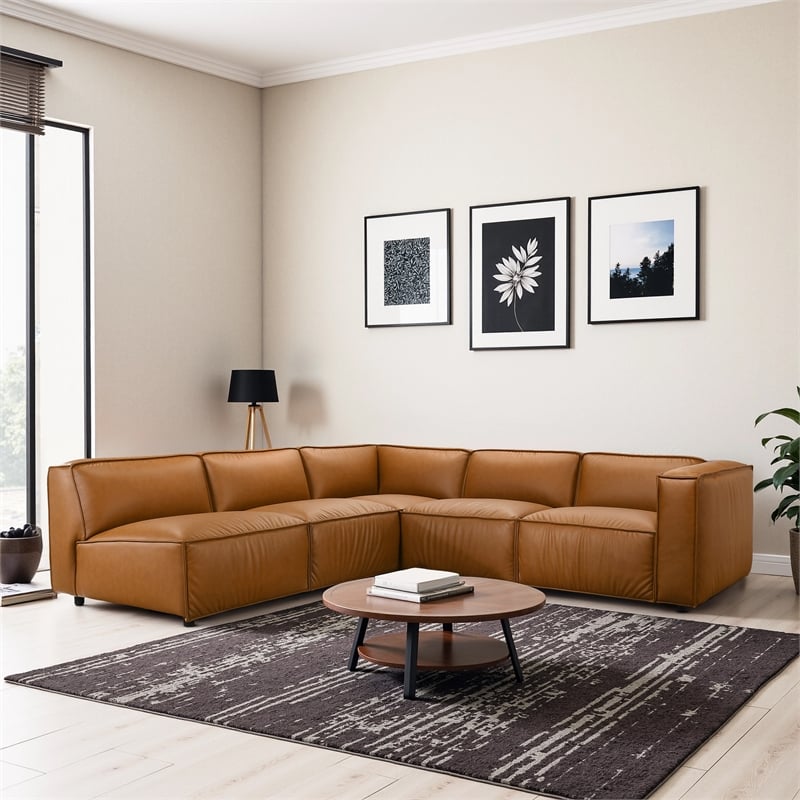 Minden Mid Century Modern Vegan Leather L-Shaped Corner Sofa in Cognac Tan