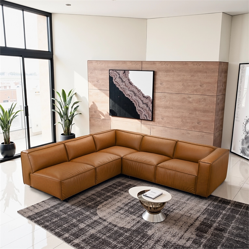 Minden Mid Century Modern Vegan Leather L-Shaped Corner Sofa in Cognac Tan