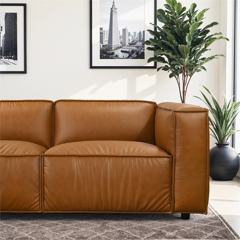 Minden Mid Century Modern Vegan Leather L-Shaped Corner Sofa in Cognac Tan