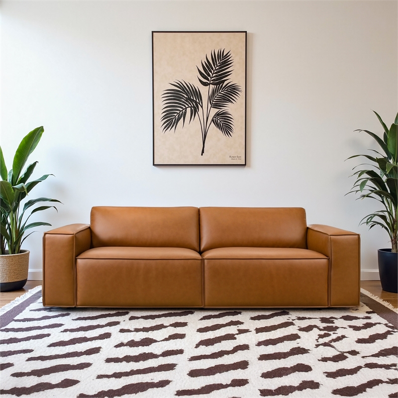 Zion Mid-Century Modern Wide Armrest Comfortable Leather Sofa in Cognac Tan