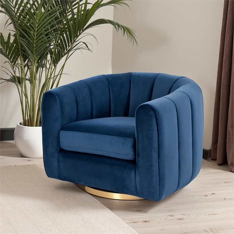 Chaldon Modern Living Room Round Back Velvet Swivel Chair in Blue