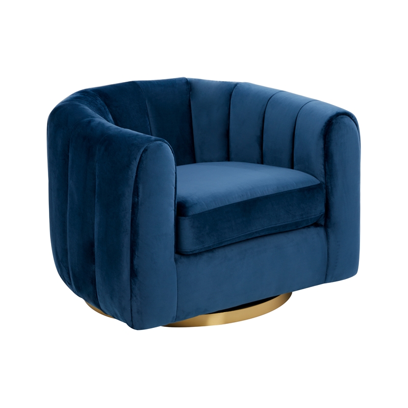 Chaldon Modern Living Room Round Back Velvet Swivel Chair in Blue