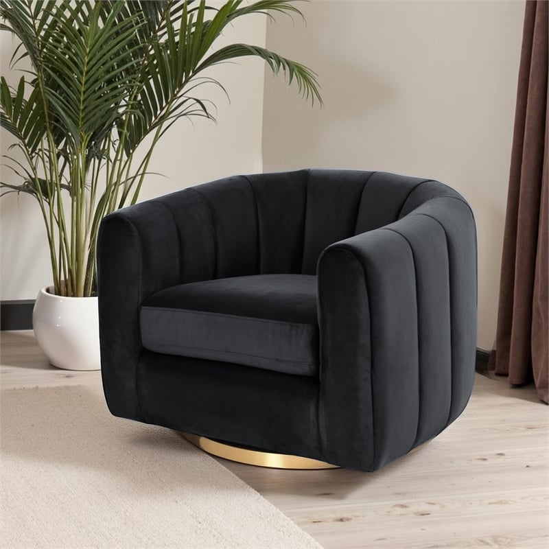 Chaldon Modern Living Room Round Back Velvet Swivel Chair in Black