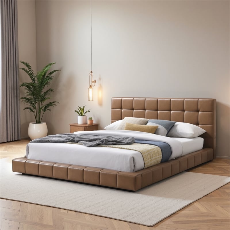 Claire Vegan Leather Upholstered Platform Queen Bed in Tan