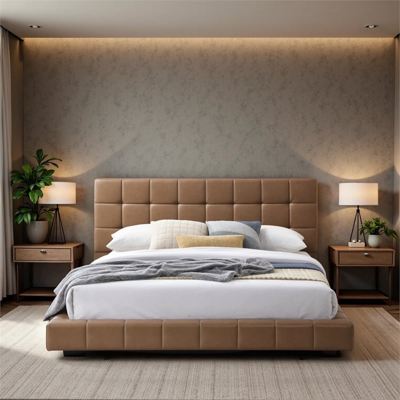 Claire Vegan Leather Upholstered Platform Queen Bed in Tan