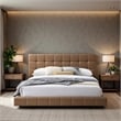 Claire Vegan Leather Upholstered Platform Queen Bed in Tan
