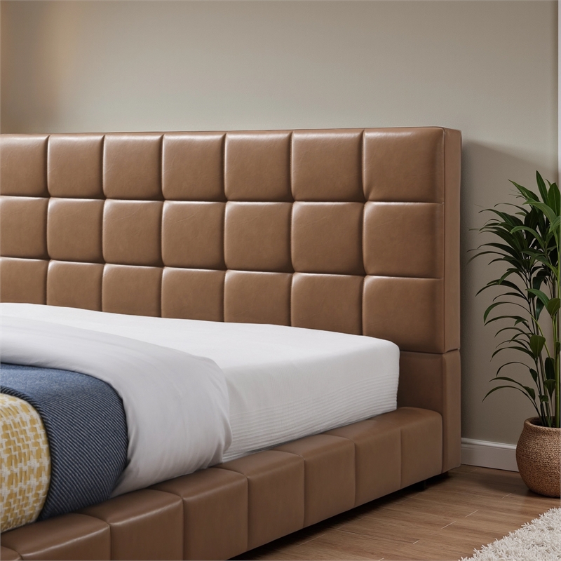 Claire Vegan Leather Upholstered Platform Queen Bed in Tan