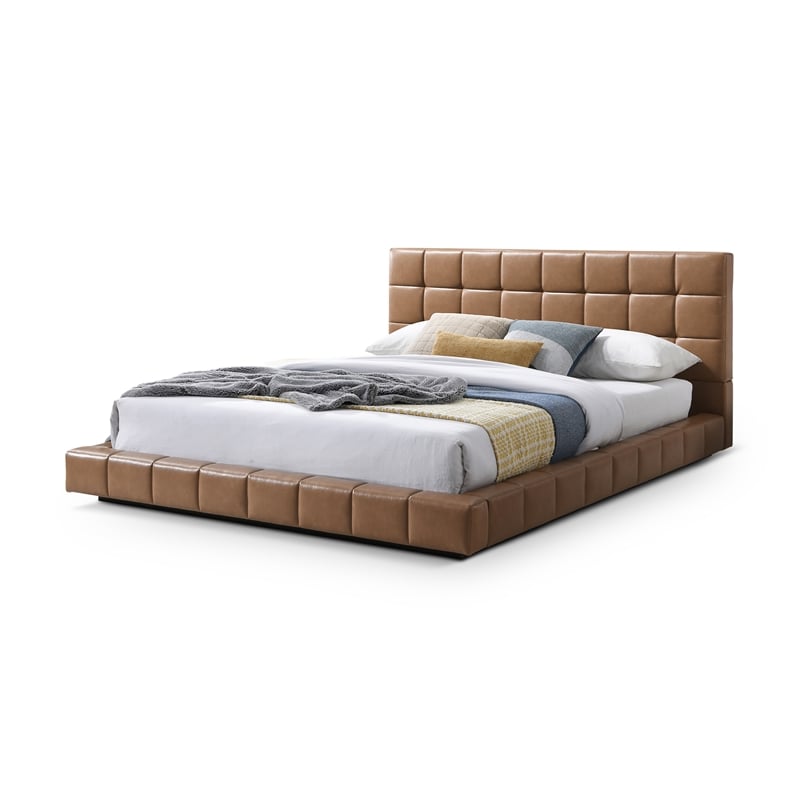 Claire Vegan Leather Upholstered Platform Queen Bed in Tan