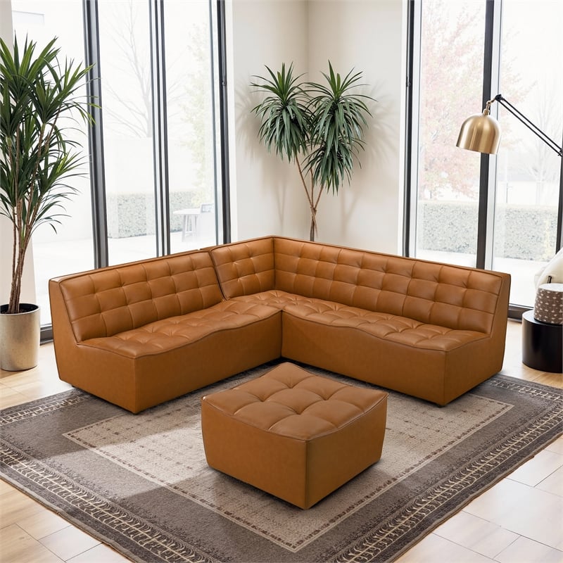 Orchard Modern Living Room Vegan Leather Corner Sofa & Ottoman in Tan