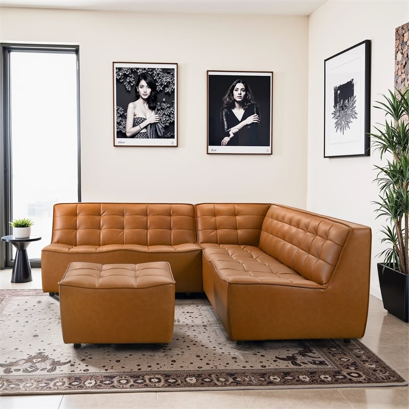 Orchard Modern Living Room Vegan Leather Corner Sofa & Ottoman in Tan