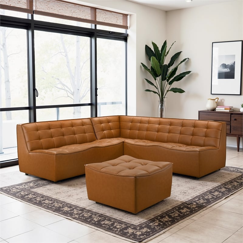 Orchard Modern Living Room Vegan Leather Corner Sofa & Ottoman in Tan
