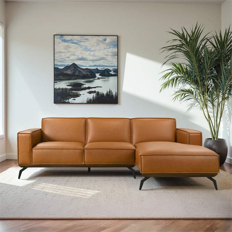 Benton Living Room Durable Vegan Leather L-Shape Sofa & Chaise in Tan