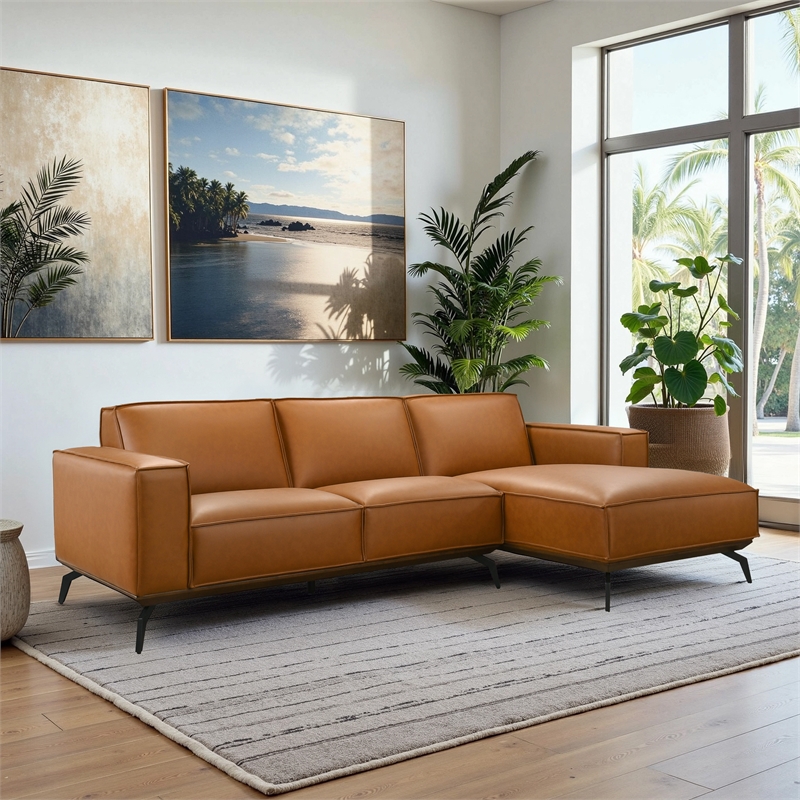 Benton Living Room Durable Vegan Leather L-Shape Sofa & Chaise in Tan