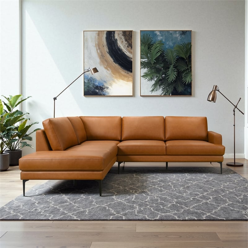 Alamo Mid-Century Modern L-Shape Leather Sectional Sofa in Tan