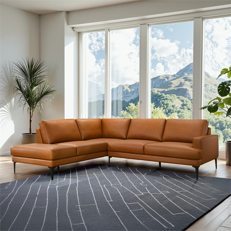 Alamo Mid-Century Modern L-Shape Leather Sectional Sofa in Tan