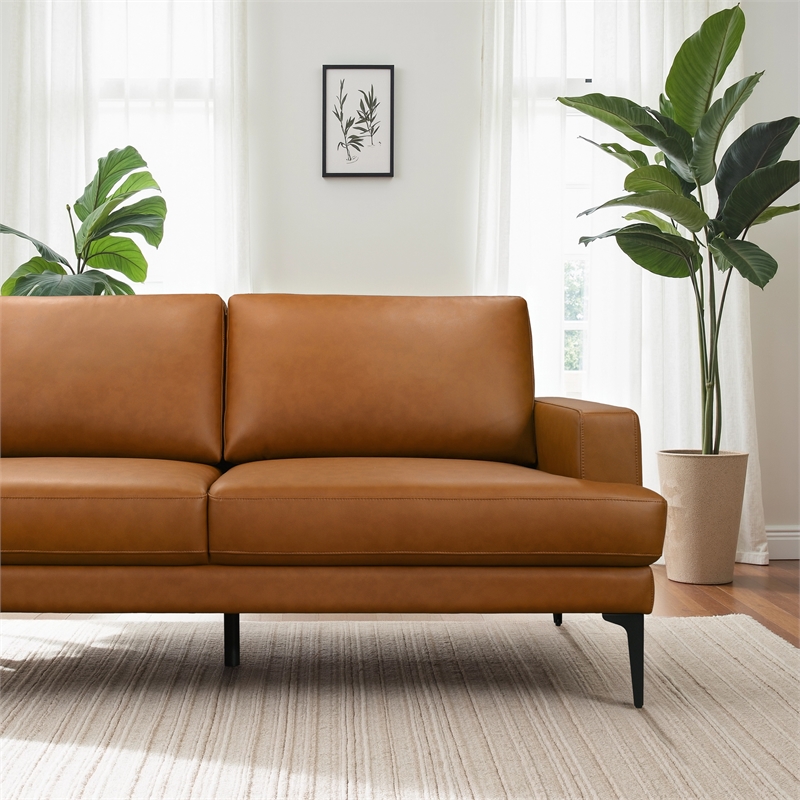 Alamo Mid-Century Modern L-Shape Leather Sectional Sofa in Tan