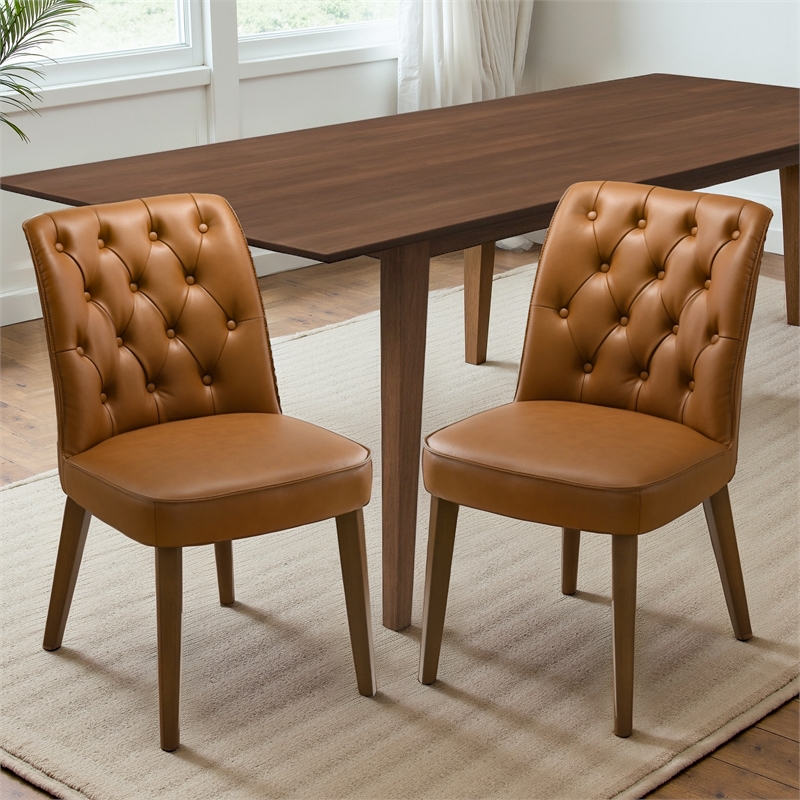 Albion Stylish Leather Dining Chair with Walnut Legs and Plush Padding in Tan