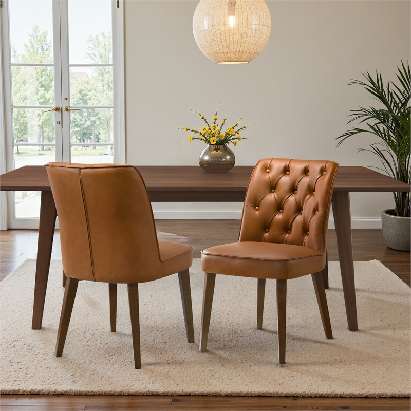 Albion Stylish Leather Dining Chair with Walnut Legs and Plush Padding in Tan