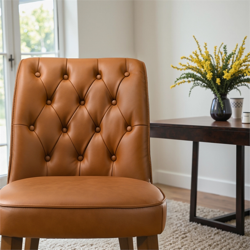 Albion Stylish Leather Dining Chair with Walnut Legs and Plush Padding in Tan