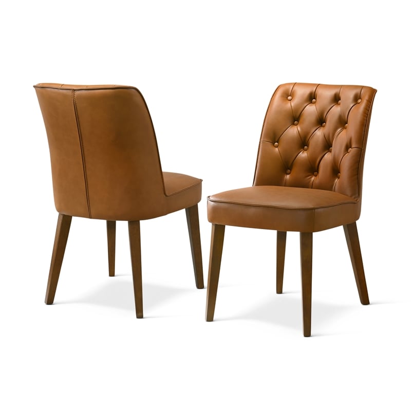 Albion Stylish Leather Dining Chair with Walnut Legs and Plush Padding in Tan