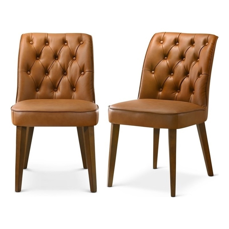 Albion Stylish Leather Dining Chair with Walnut Legs and Plush Padding in Tan