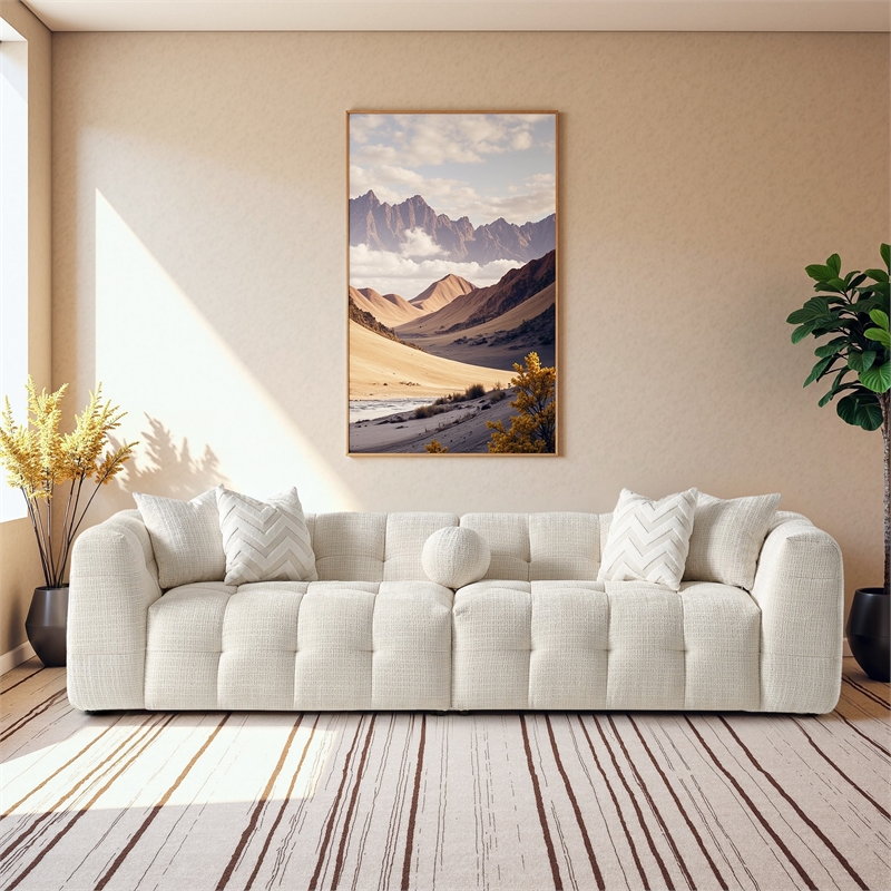 Phoenix Mid Century Modern Living Room Modular Sofa in Ivory Chenille