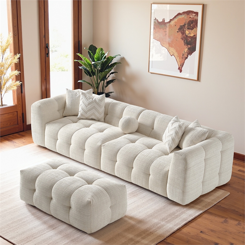 Phoenix Mid Century Modern Living Room Modular Sofa in Ivory Chenille