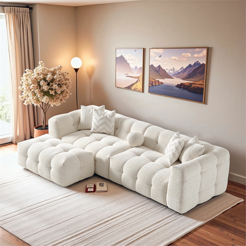Phoenix Mid Century Modern Living Room Modular Sofa in Ivory Chenille