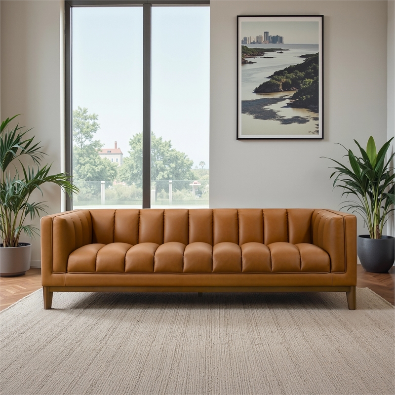 James Mid Century Modern Luxury Living Room Leather Couch in Tan
