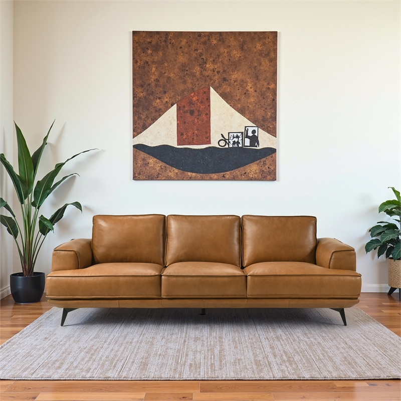 Acton Mid Century Modern Living Room Genuine Leather Comfy Sofa in Tan