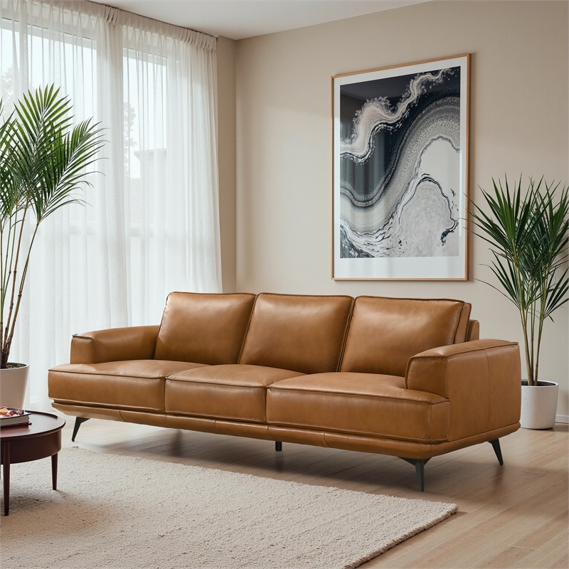 Acton Mid Century Modern Living Room Genuine Leather Comfy Sofa in Tan