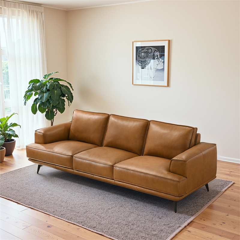 Acton Mid Century Modern Living Room Genuine Leather Comfy Sofa in Tan