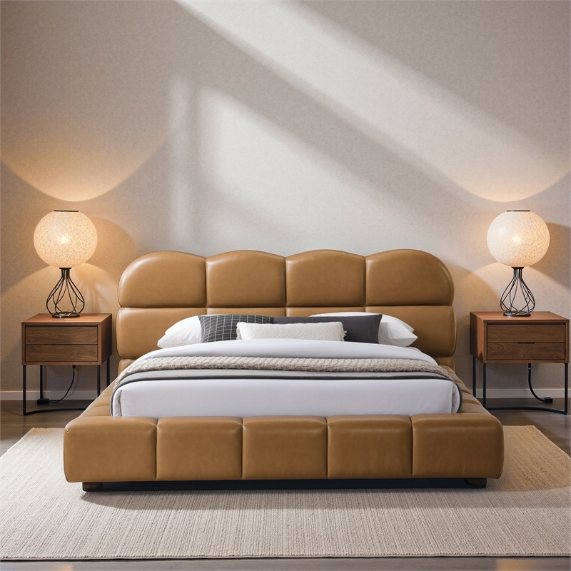 Melbourne Queen Size Leather Platform Bed in Tan with Curved Tufted Headboard