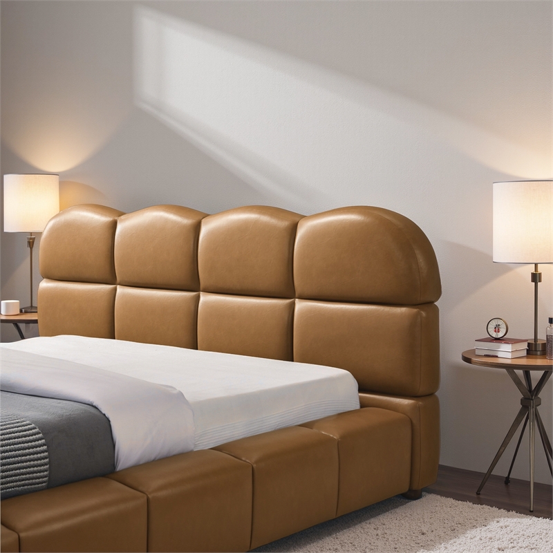 Melbourne Queen Size Leather Platform Bed in Tan with Curved Tufted Headboard