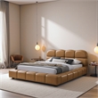Melbourne Queen Size Leather Platform Bed in Tan with Curved Tufted Headboard