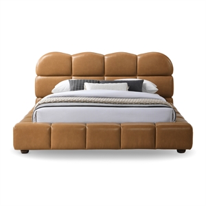 Melbourne Queen Size Leather Platform Bed in Tan with Curved Tufted Headboard