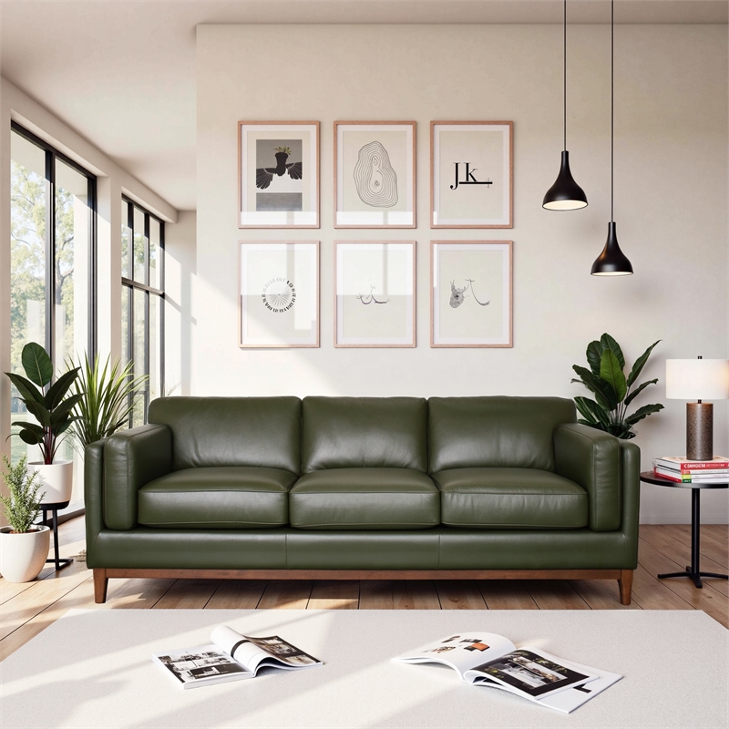 Utica Premium Leather Sofa with CertiPUR Foam & Sustainable Wood in Green