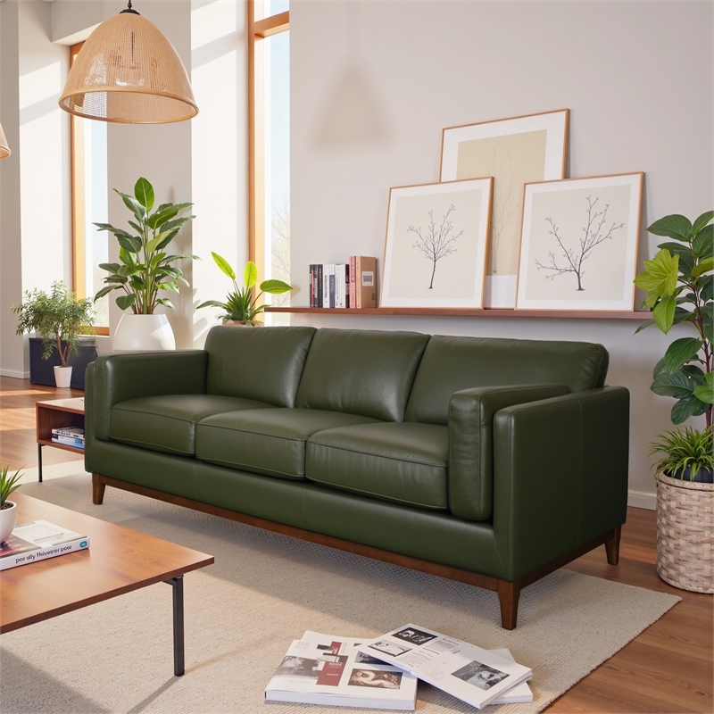 Utica Premium Leather Sofa with CertiPUR Foam & Sustainable Wood in Green