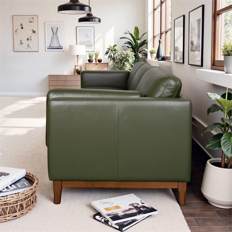Utica Premium Leather Sofa with CertiPUR Foam & Sustainable Wood in Green