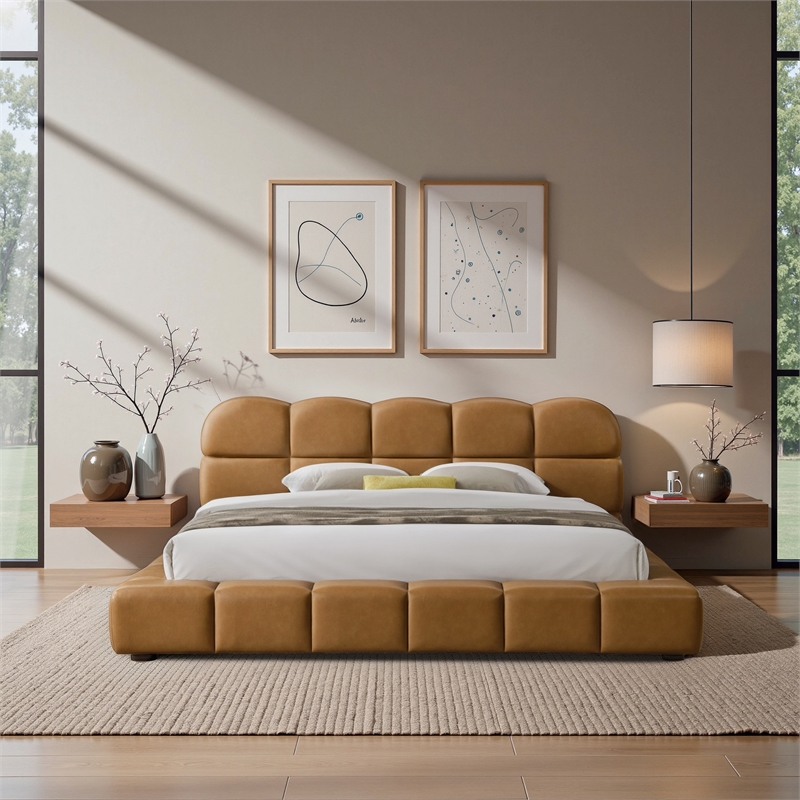 Melbourne King Size Leather Platform Bed with Curved Tufted Headboard in Tan