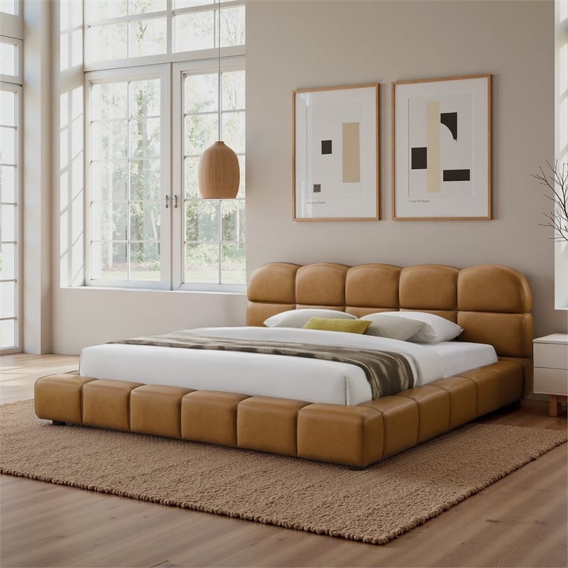Melbourne King Size Leather Platform Bed with Curved Tufted Headboard in Tan