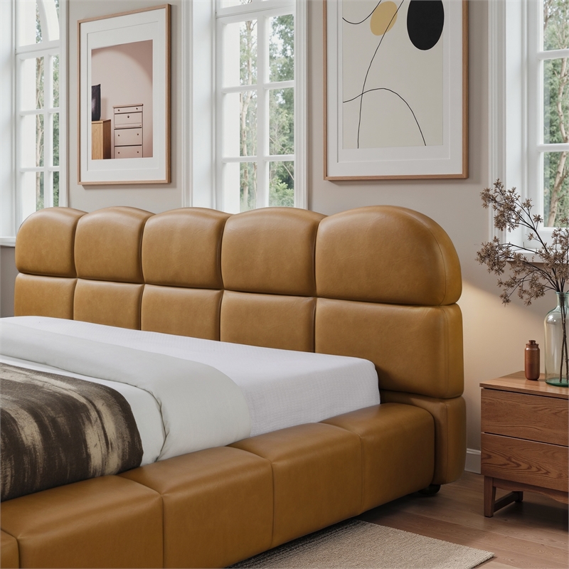 Melbourne King Size Leather Platform Bed with Curved Tufted Headboard in Tan